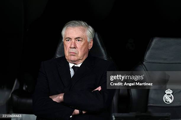 Carlo Ancelotti, Head Coach of Real Madrid, looks on prior to the UEFA Champions League 2024/25 Quarter Final Second Leg match between Real Madrid...