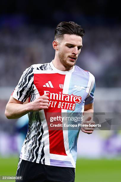 Declan Rice of Arsenal FC looks on during the UEFA Champions League 2024/25 Quarter Final Second Leg match between Real Madrid C.F. And Arsenal FC at...