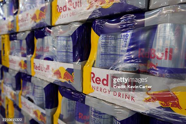 Cases of the energy drink Red Bull are stacked at a Costco Wholesale store on April 4, 2025 in San Diego, California.