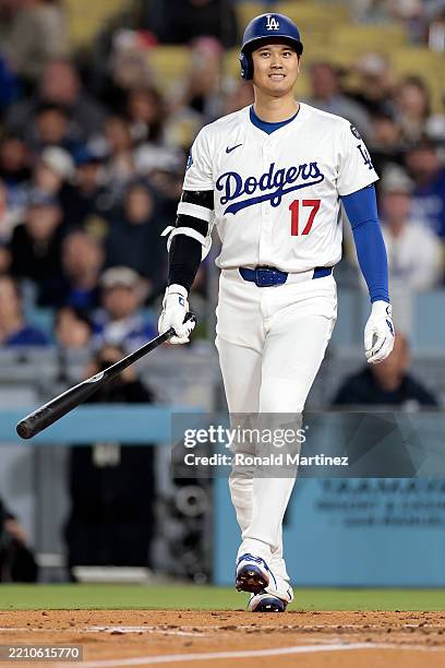 Shohei Ohtani of the Los Angeles Dodgers at Dodger Stadium on April 14, 2025 in Los Angeles, California.