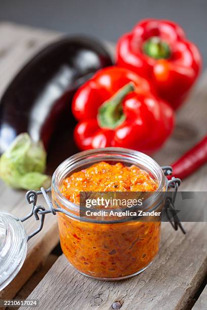 red pepper and eggplant relish - relish stock pictures, royalty-free photos & images