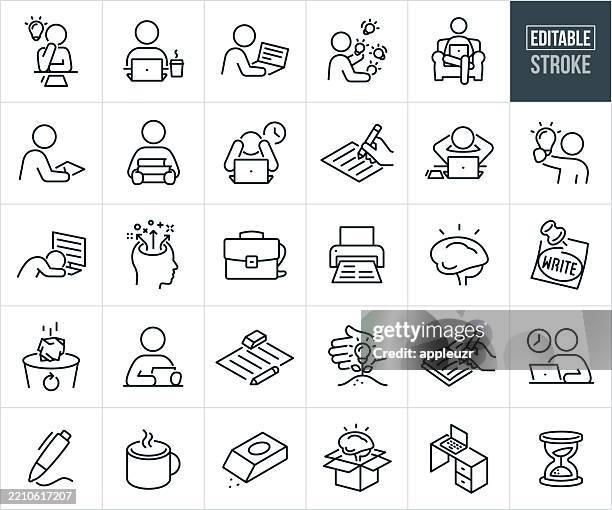 writer thin line icons - editable stroke - icons include a writer writing, author, novelist, book, professional occupation, biographer, columnist, creative writer, technical writer, inspiration, creativity, working on computer, freelance writer, ideas - night-shift-icon stock illustrations