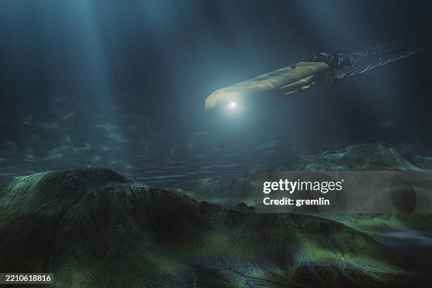 immagine concettuale dell'esplorazione oceanica sottomarina profonda con sottomarino - fondale marino foto e immagini stock