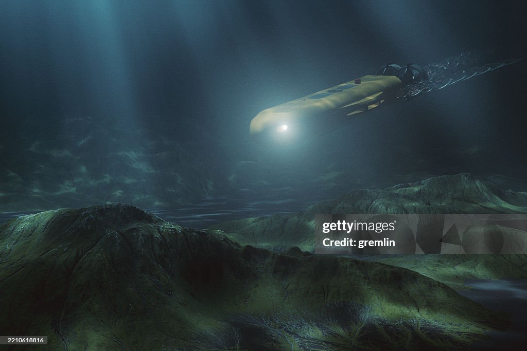 Concept image of deep underwater ocean exploration with submarine