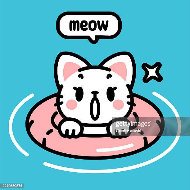 a cute cat, floating in water while holding onto a red lifebuoy, meowing, looking at the viewer. front view, black outline with flat colors, minimalist style - kawaii stock illustrations