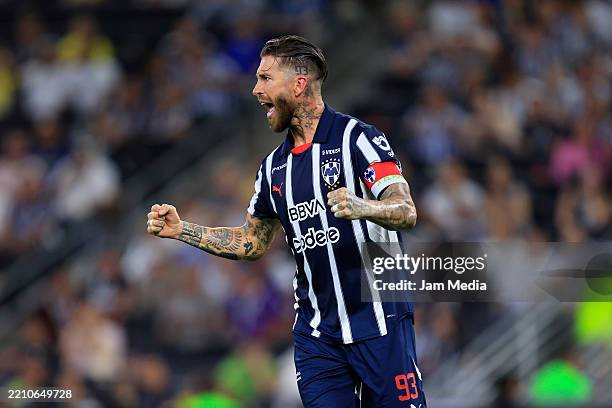 Sergio Ramos of Monterrey celebrates after winning the 16th round match between Monterrey and America as part of the Torneo Clausura 2025 Liga MX at...