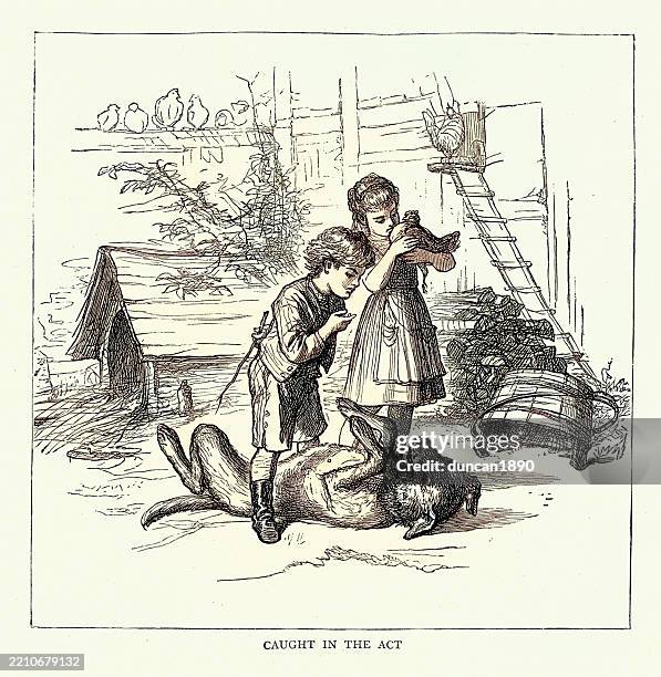 children telling off naughty dog for trying to steal a chicken, german character sketch by albert louis ulrich hendschel, 1870s, 19th century - dog lying on back stock illustrations