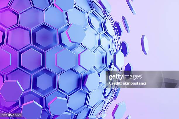 futuristic global technology background, abstract hexagonal sphere with neon lighting - quantum computing stock pictures, royalty-free photos & images