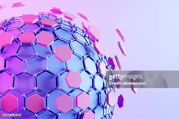 futuristic global technology background, abstract hexagonal sphere with neon lighting - exchanging information stock pictures, royalty-free photos & images