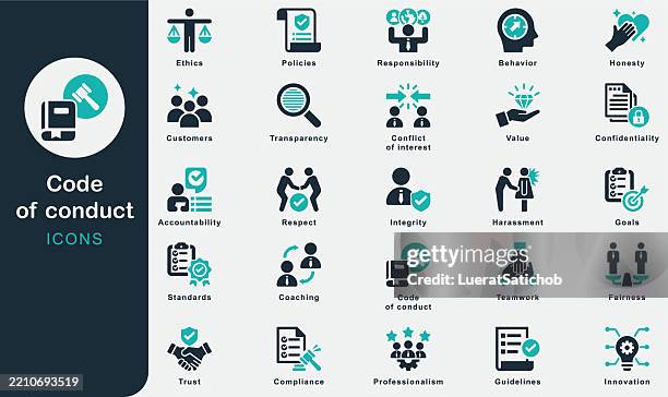 ilustraciones, imágenes clip art, dibujos animados e iconos de stock de colección de iconos sólidos del código de conducta. que contiene responsabilidad, empleado, coaching, lugar de trabajo, innovación, ética, objetivos, trabajo en equipo, clientes, confianza, políticas, valor, cumplimiento, directrices, honestidad - obediente
