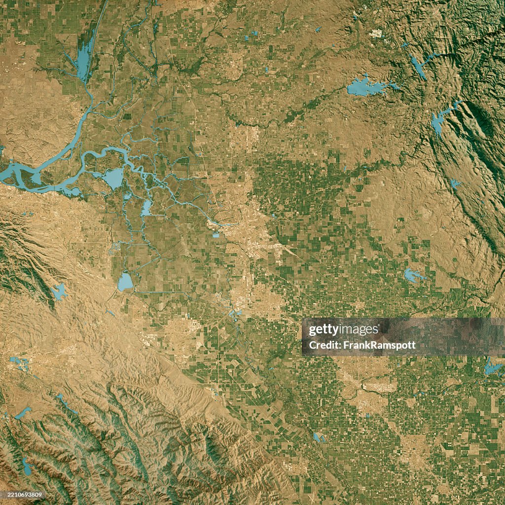 San Joaquin County CA Satellite Topographic Map 3D Render True Color