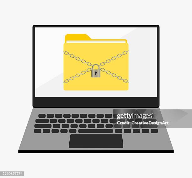 folder with chain and padlock on laptop screen. data security concept - private sign stock illustrations