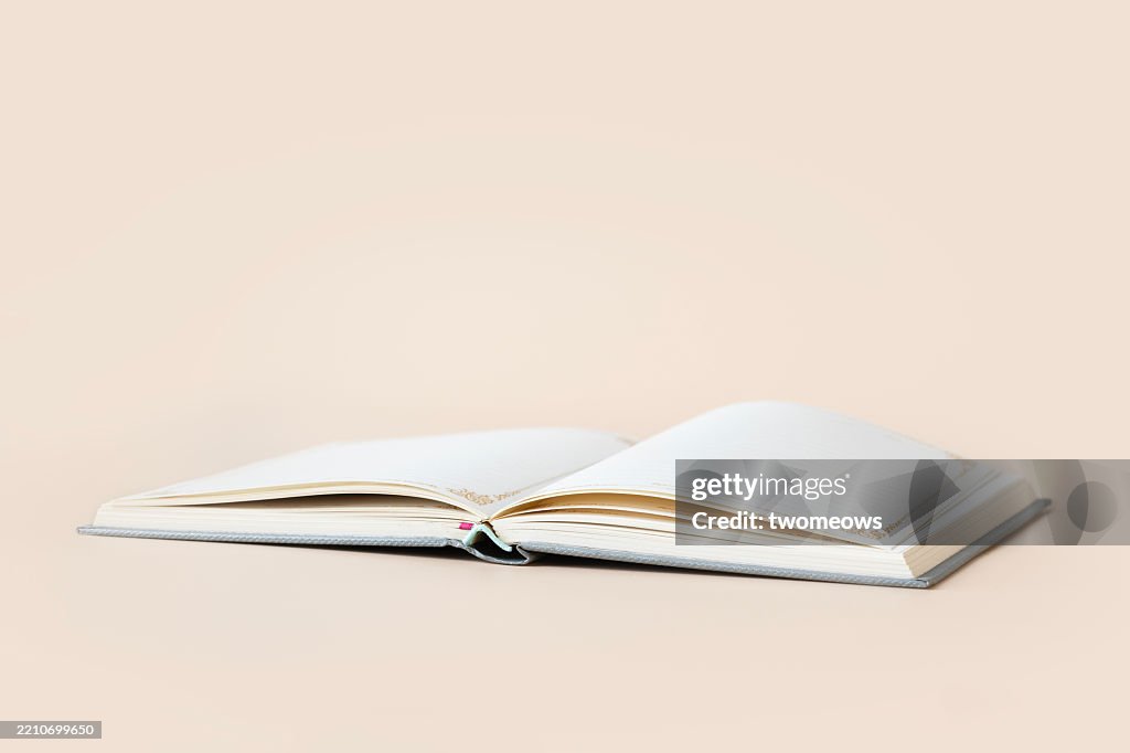 Open page book on coloured background.