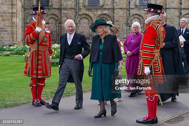 King Charles III and Queen Camilla leave Durham Cathedral after attending the Royal Maundy Service on April 17, 2025 in Durham, England. The King...