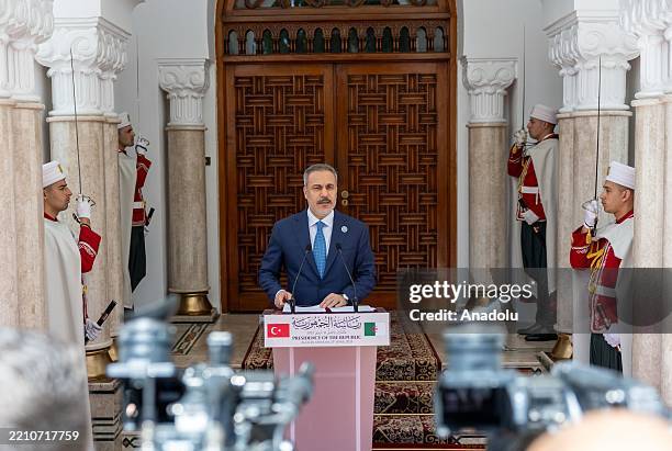 Turkish Foreign Minister Hakan Fidan speaks during a press conference after a meeting with Algerian President Abdelmadjid Tebboune at El Mouradia...