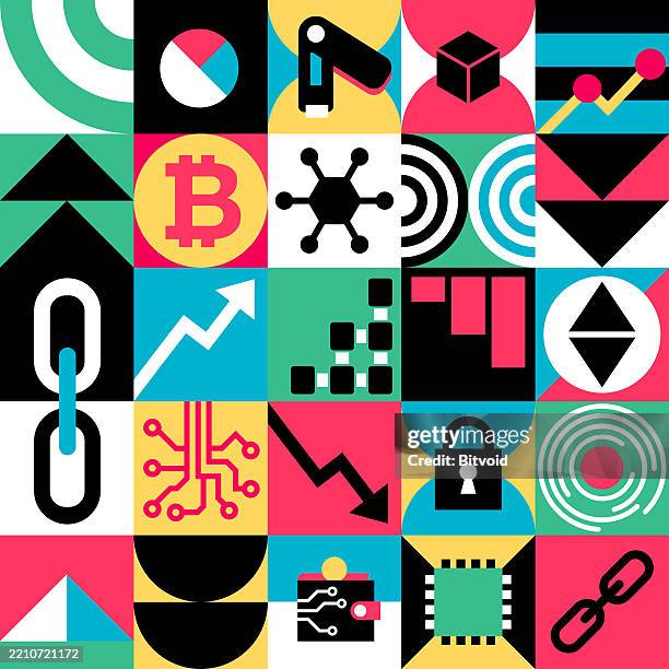 blockchain retro graphic set - learning computer programming stock illustrations