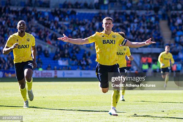 Cameron Brannagan of Oxford United celebrates scoring during the Sky Bet Championship match between Cardiff City and Oxford United at the Cardiff...