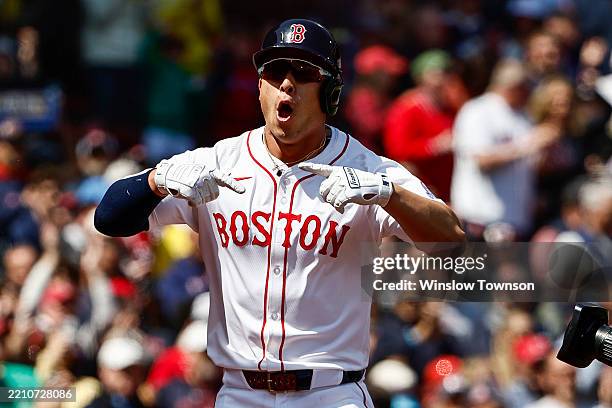 Rob Refsnyder of the Boston Red Sox celebrates his home run against the Chicago White Sox during the second inning at Fenway Park on April 21, 2025...