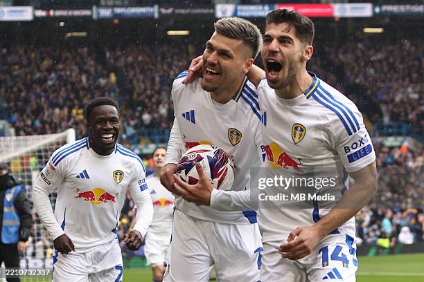 Leeds United's Joël Piroe celebrates his goal during the Sky Bet Championship match between Leeds United FC and Stoke City FC at Elland Road on April...