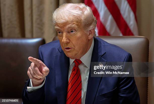 President Donald Trump hosts Italian Prime Minister Giorgia Meloni and her visiting officials in the Cabinet Room at the White House on April 17,...
