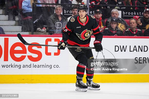 Dylan Cozens of the Ottawa Senators skates against the Chicago Blackhawks at Canadian Tire Centre on April 15, 2025 in Ottawa, Ontario, Canada.