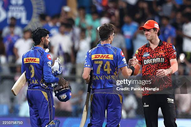 Tilak Varma of Mumbai Indians and Mitchell Santner of Mumbai Indians celebrate their team's win over Sunrisers Hyderabad during the 2025 IPL match...