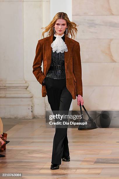 Model walks the runway for the Ralph Lauren Collection Fall 2025 on April 17, 2025 in New York City.