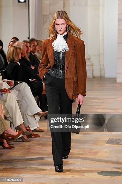 Model walks the runway for the Ralph Lauren Collection Fall 2025 on April 17, 2025 in New York City.