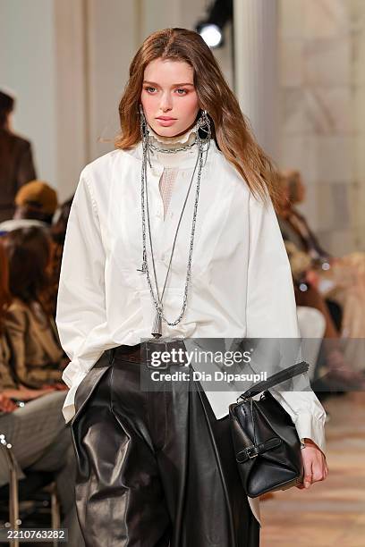 Model walks the runway for the Ralph Lauren Collection Fall 2025 on April 17, 2025 in New York City.