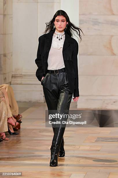 Model walks the runway for the Ralph Lauren Collection Fall 2025 on April 17, 2025 in New York City.