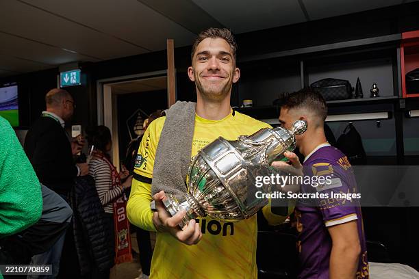 Jari de Busser of Go Ahead Eagles celebrates the victory with the trophy during the Dutch KNVB Beker match between AZ Alkmaar v Go Ahead Eagles at...