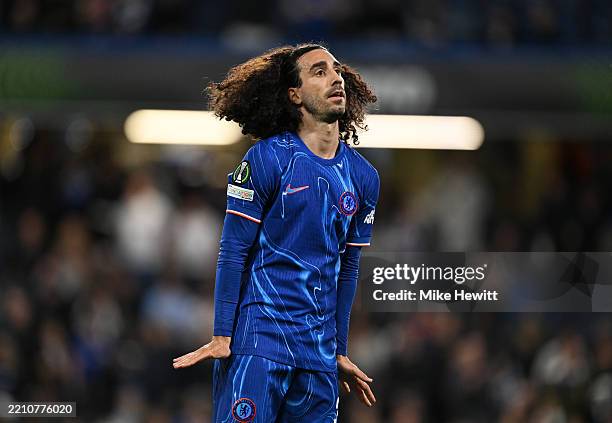Marc Cucurella of Chelsea celebrates scoring his team's first goal during the UEFA Conference League 2024/25 Quarter Final Second Leg match between...