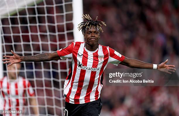 Nico Williams of Athletic Club celebrates scoring his team's second goal during the UEFA Europa League 2024/25 Quarter Final Second Leg match between...