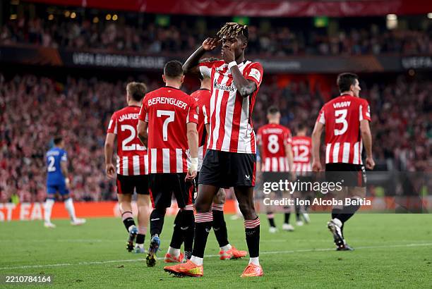 Nico Williams of Athletic Club celebrates scoring his team's second goal during the UEFA Europa League 2024/25 Quarter Final Second Leg match between...