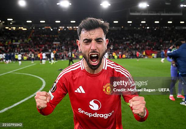 Bruno Fernandes of Manchester United celebrates victory after the UEFA Europa League 2024/25 Quarter Final Second Leg match between Manchester United...