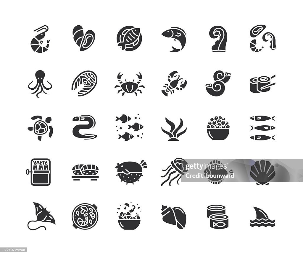Seafood Flat Black Icons. Vector