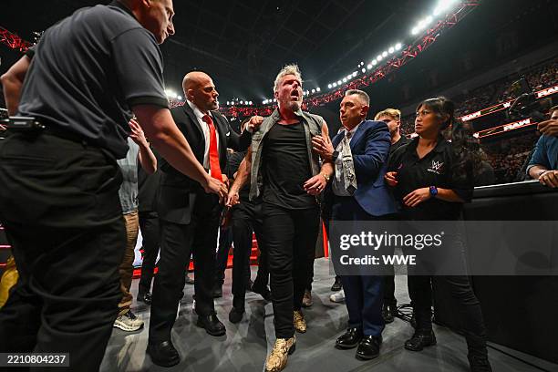 Pat McAfee after being attacked by Gunther During Monday Night Raw at T-Mobile Arena on April 21, 2025 in Las Vegas, Nevada.