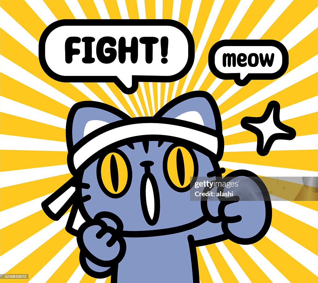 A cute cat, wearing a white hachimaki (Japanese headband), striking a fighting pose with raised fists, looking at the viewer. Front view, black outline with flat colors, minimalist style