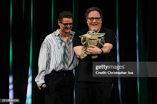 Pedro Pascal and Jon Favreau are seen on The Mandalorian & Grogu at Celebration Stage during Star Wars Celebration Japan Day 1 on April 18, 2025 in...