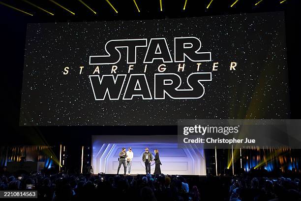 Shawn Levy, Ryan Gosling, Dave Filoni and Kathleen Kennedy are seen on The Mandalorian & Grogu at Celebration Stage during Star Wars Celebration...