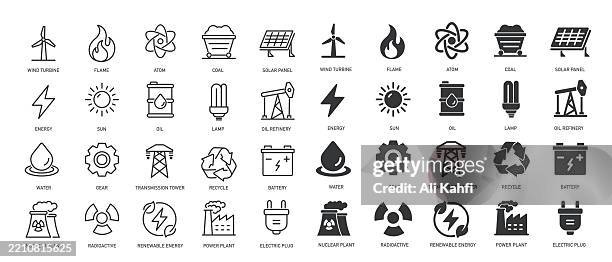 bildbanksillustrationer, clip art samt tecknat material och ikoner med collection of energy, power, renewable energy, solar panel, electric thin line and glyph solid icon. editable stroke and perfect pixel isolated on transparent background - elektricitet