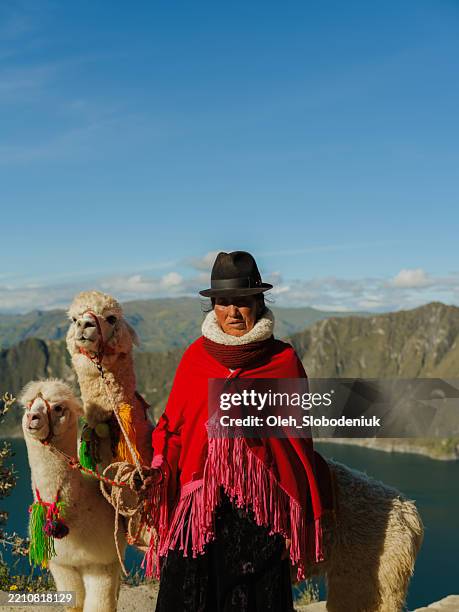 donna indigena con lama sullo sfondo del lago quilotoa in ecuador - abiti da cerimonia foto e immagini stock