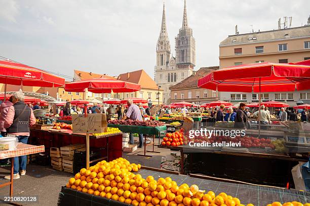 dolac market and church of st mary, zagreb croatia - zagreb stock pictures, royalty-free photos & images