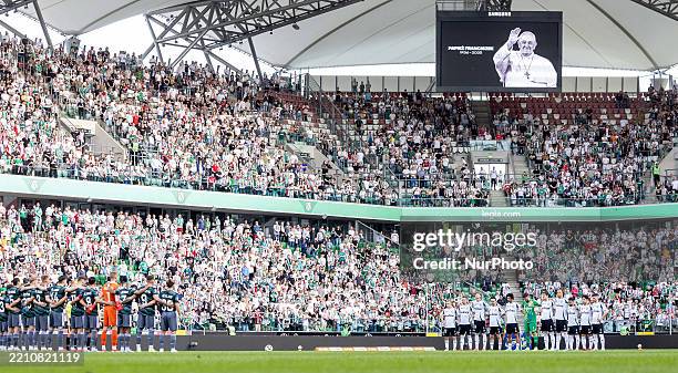 Minute of silence in honor of the late Pope Francis during PKO Ekstraklasa match Legia Warsaw vs Lechia Gdansk in Bialystok Poland on 21 April...