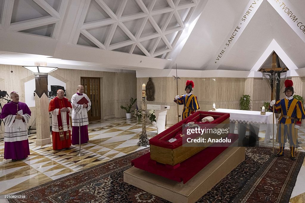 Vatican Secretary of State prays beside Pope Francis' body at Santa Marta Chapel