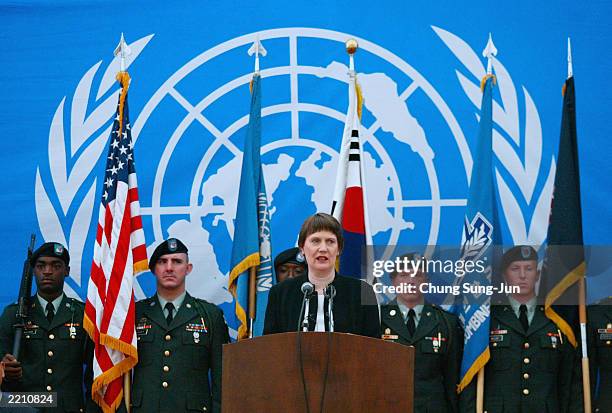 New Zealand Prime Minister Helen Clark speaks during a ceremony July 27, 2003 in the border village of Panmunjom in the demilitarized zone between...