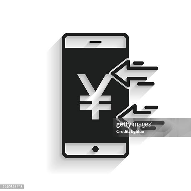 receiving yen with smartphone. icon with long shadow on white background - iphone isolated back stock illustrations