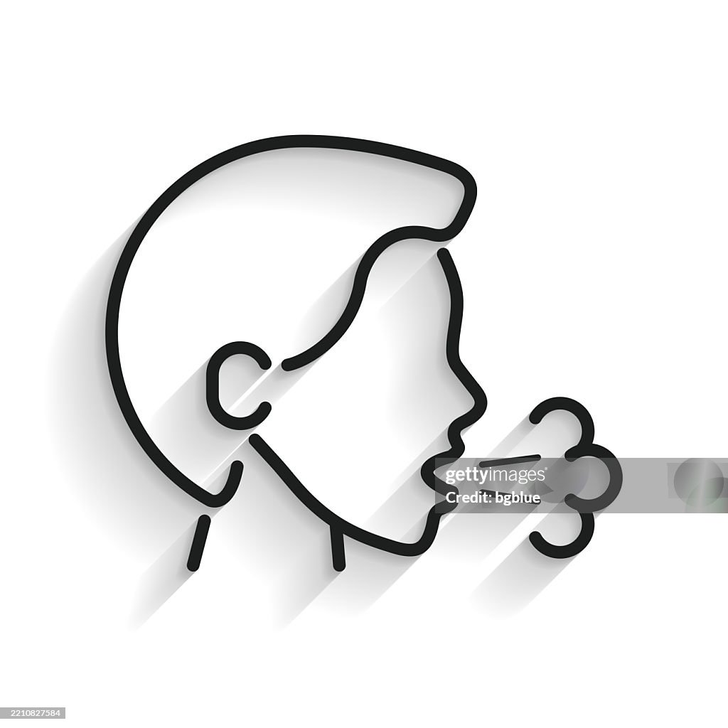 Cough. Line icon with long shadow on white background