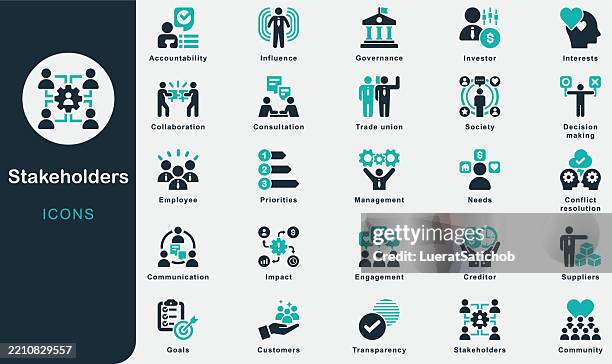 illustrations, cliparts, dessins animés et icônes de collection d’icônes solides pour les parties prenantes. contenant investisseur, société, employé, gouvernance, communauté, collaboration, gestion, intérêts, influence, objectifs, besoins, priorités, communication, syndicat - besoin