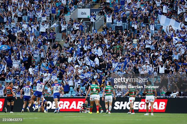 Bulldogs fans cheer a try during the round seven NRL match between Canterbury Bulldogs and South Sydney Rabbitohs at Accor Stadium, on April 18 in...